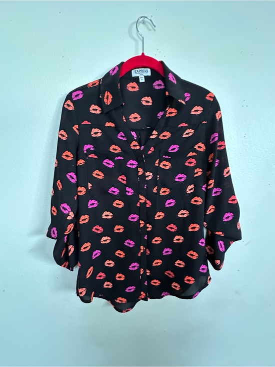Express Tops - Express Black Button-Down Shirt with Pink & Orange Lip Print